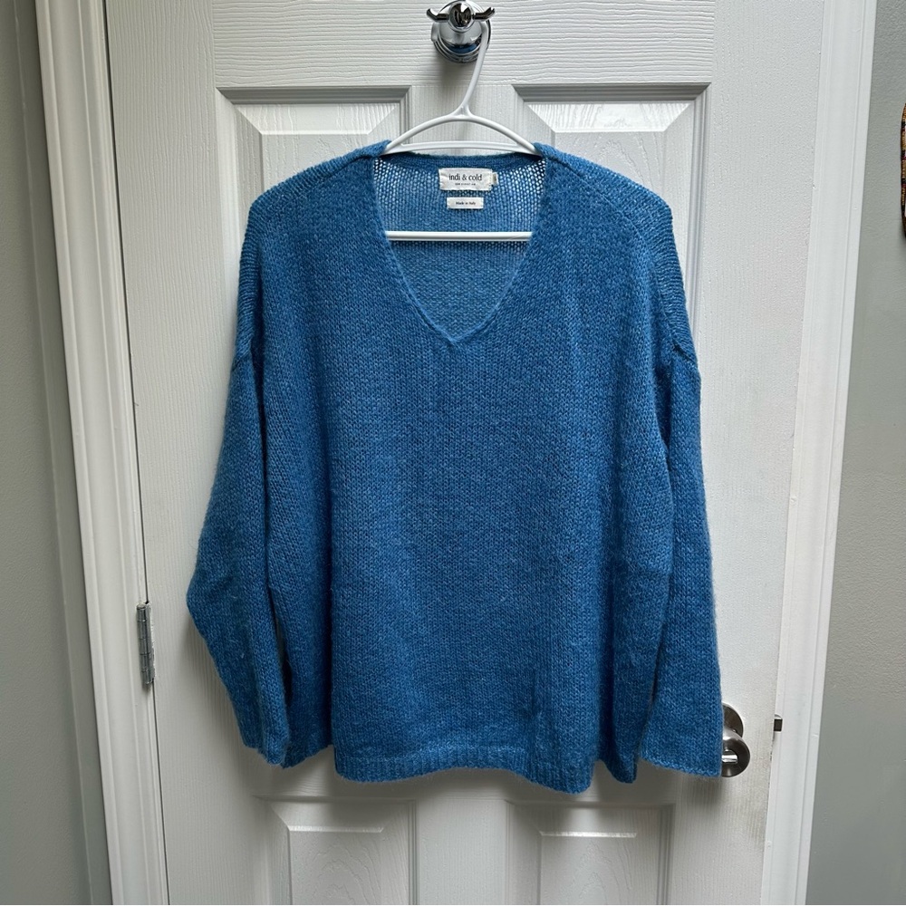 Blue Mohair Blend V-Neck Sweater